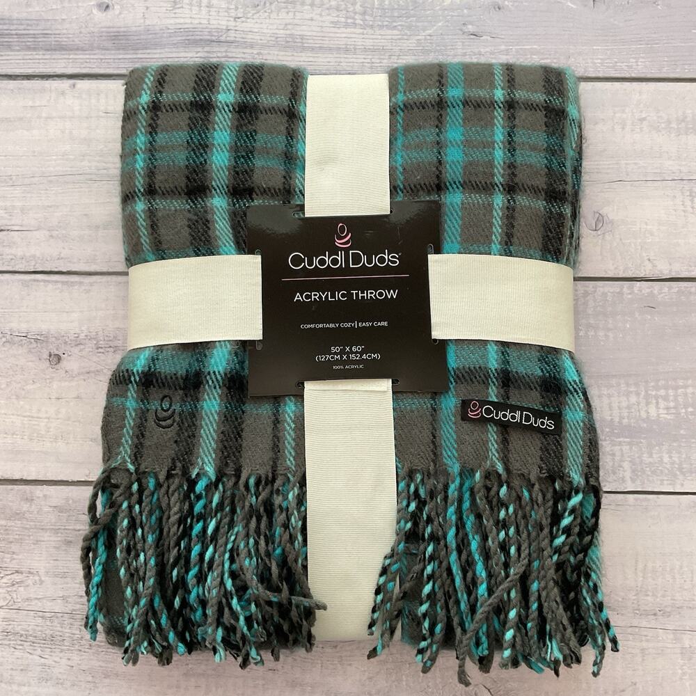 Cuddl Duds Acrylic Blanket Throw Plaid 50 X 60 Blue Gray Comfortably Cozy Fringe